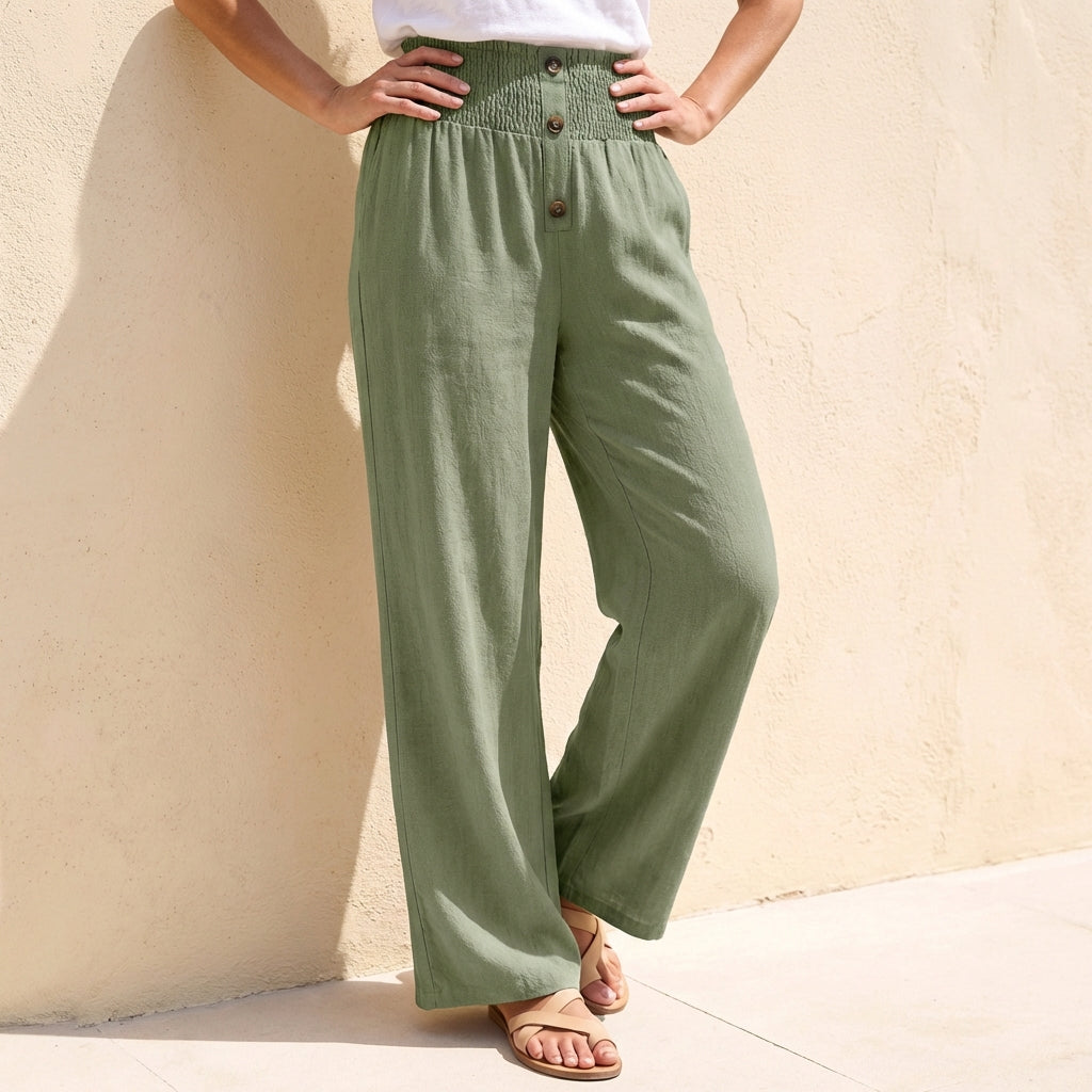 Wide Leg Pants with Shirred Waistband and Button Detail