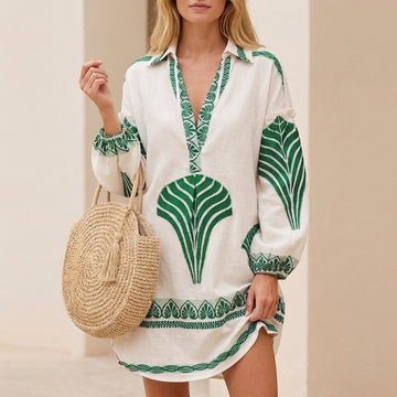 Relaxed Shirtdress with Patterned Sleeves and Hem