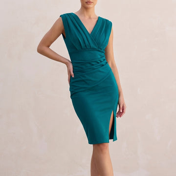 Elegant Draped V-Neck Wrap Midi Dress with Pleated Side Slit