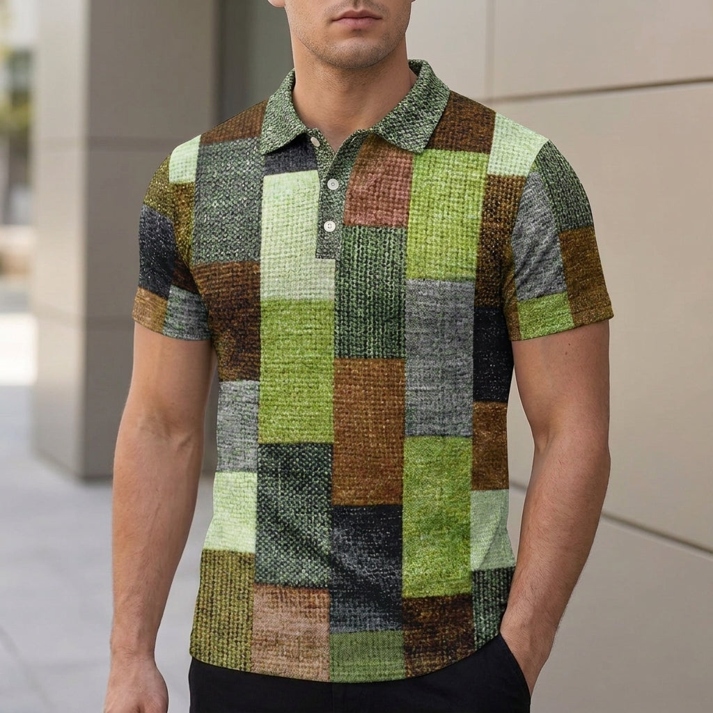 Men’s Breathable Polo Shirt with Geometric Patchwork Design