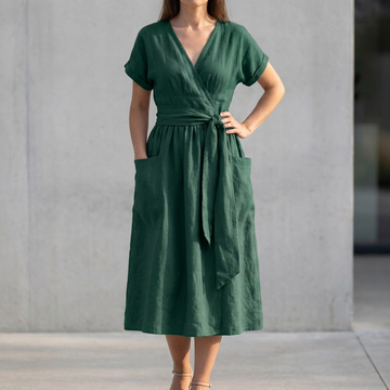 Relaxed Wrap Midi Dress with Self-Tie Waist and Pockets