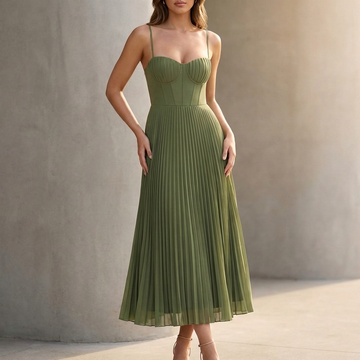 Elegant Pleated Tulle Bustier Midi Dress with Flared Asymmetrical Hem