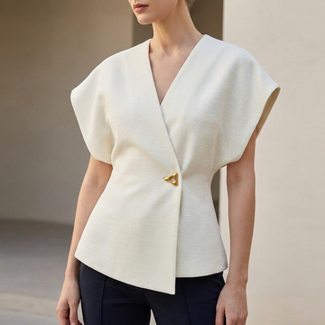Fitted Wrap-Front V-Neck Blouse with Sculpted Waist Embellishment