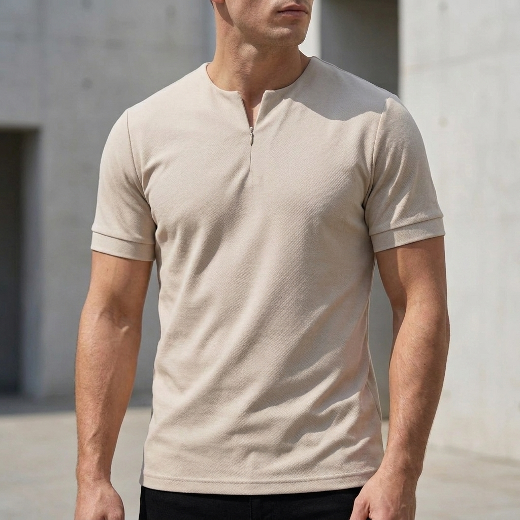 Fitted Men’s Knit Short-Sleeve Shirt with Stand Collar and Zip