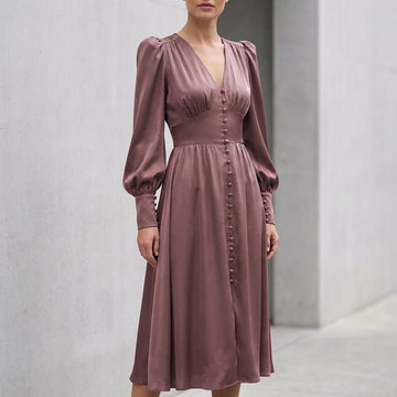 Sophisticated Midi Dress with Puff Sleeves and Button Details