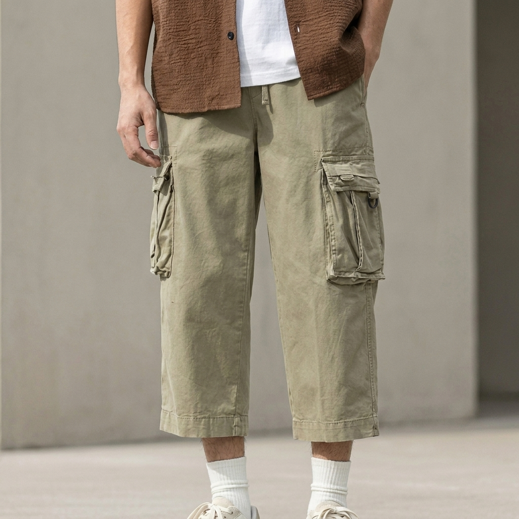 Men’s Relaxed Cropped Cargo Pants with Drawstring Waist