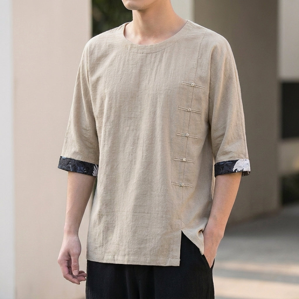 Men’s Relaxed Three-Quarter Sleeve T-Shirt with Artistic Accents