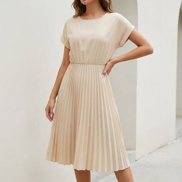 Flowing Pleated Midi Dress with Elastic Waist and Tailored Cuffs