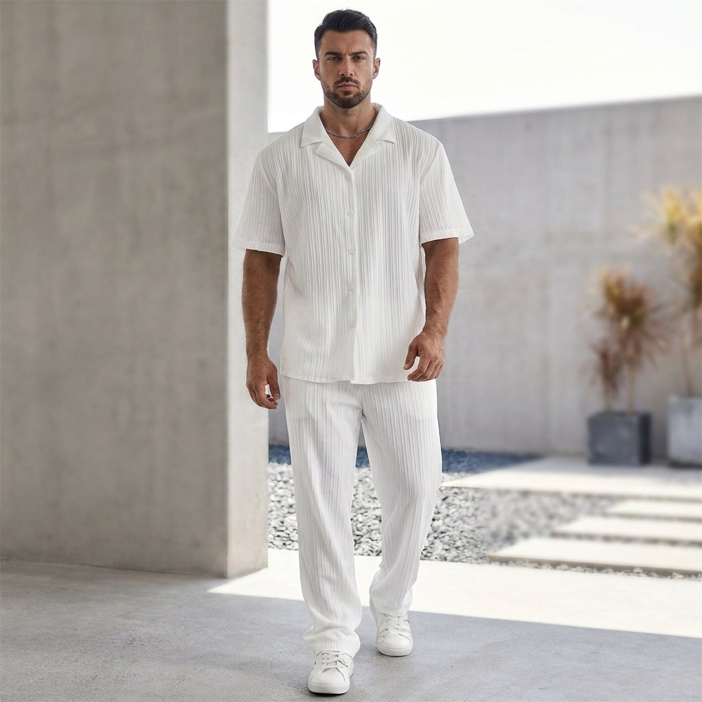 Men’s Relaxed Pleated Camp Collar Shirt and Straight-Leg Set