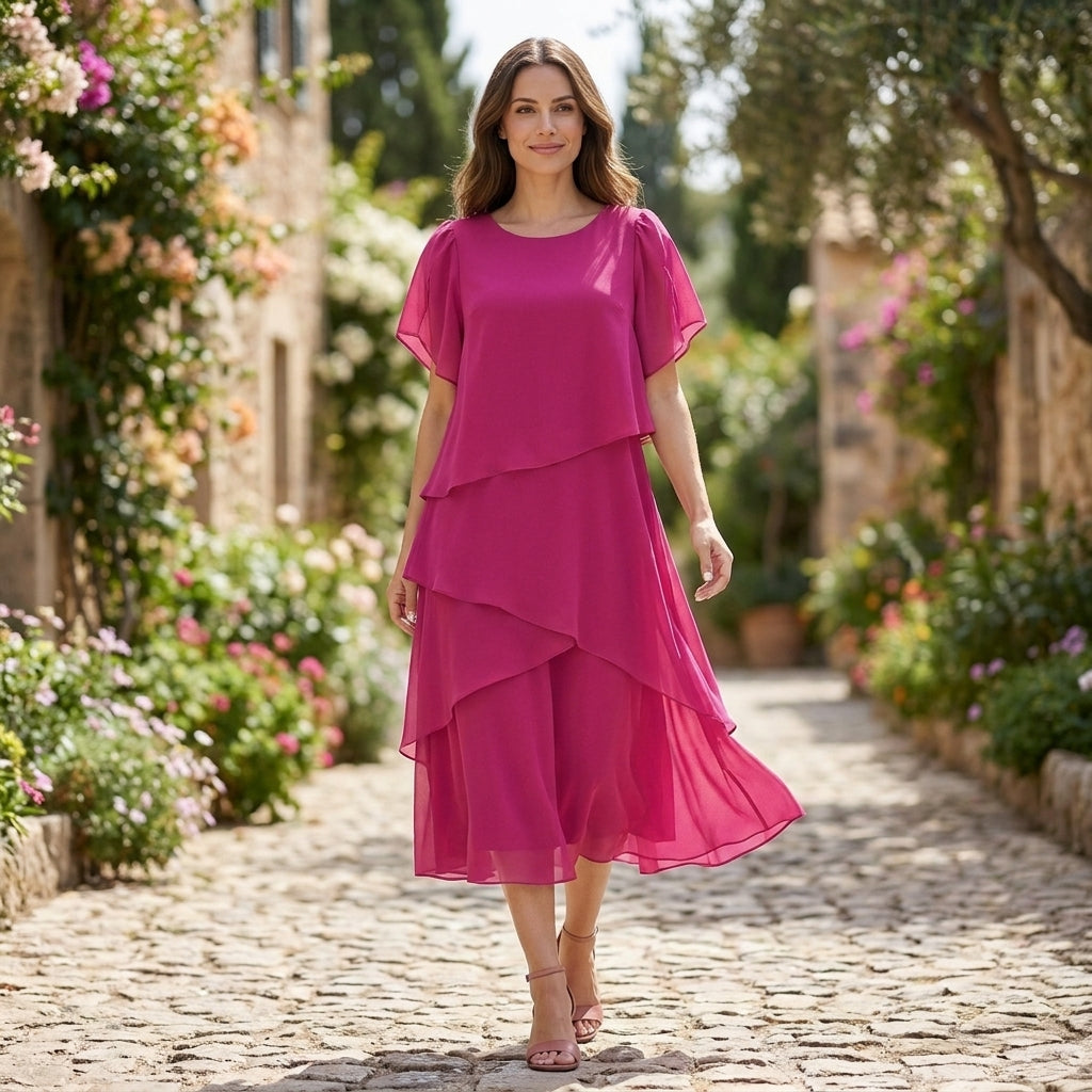 Elegantly Tiered Chiffon Midi Dress with Puff Sleeve Silhouette