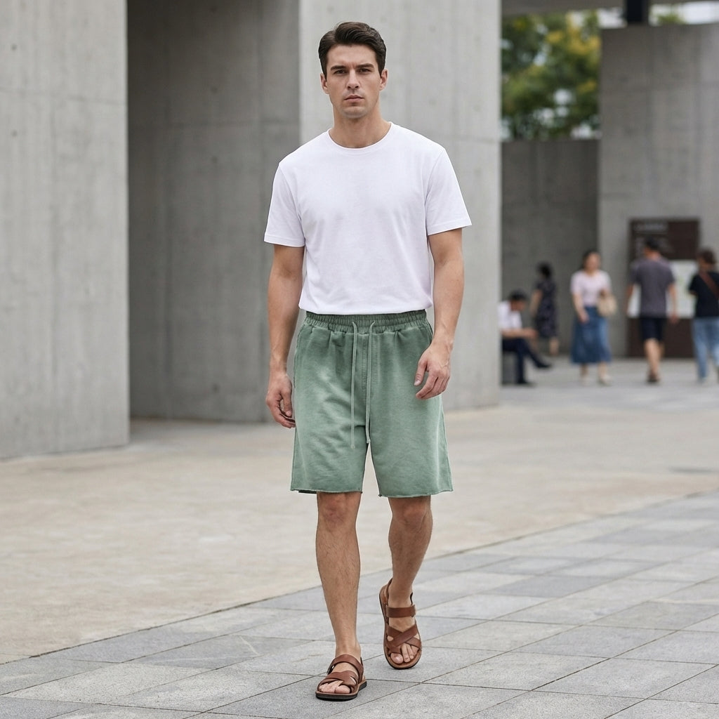 Relaxed Knit Casual Shorts with Washed Effect and Raw Hem