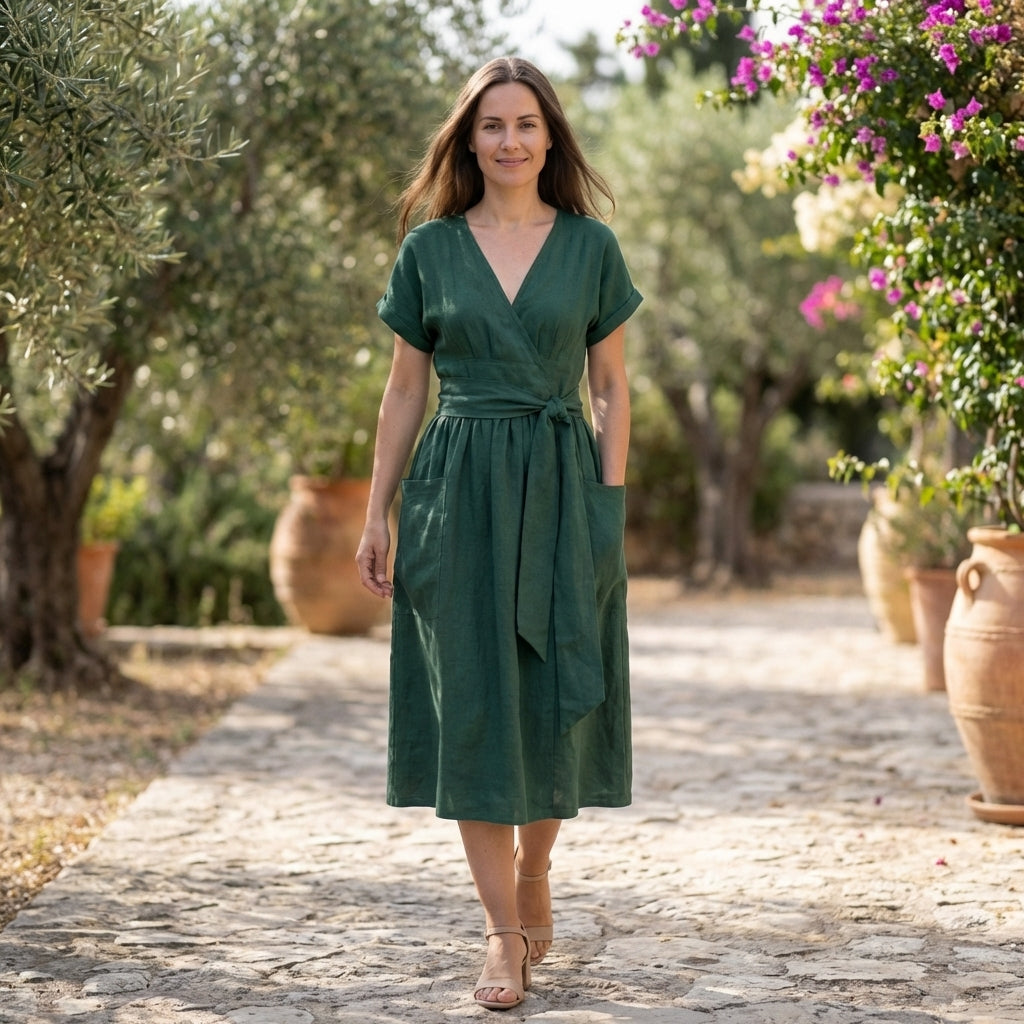 Relaxed Wrap Midi Dress with Self-Tie Waist and Pockets