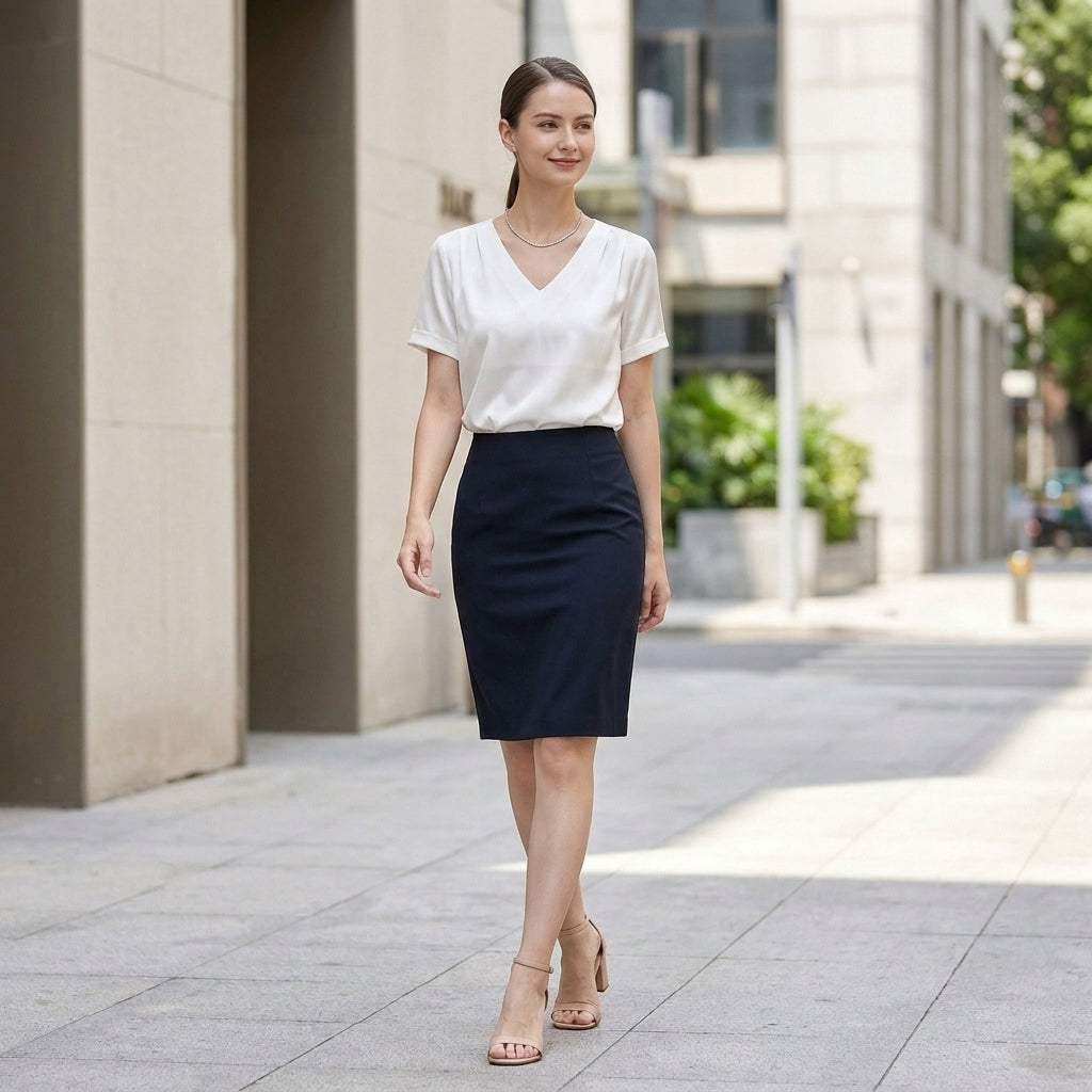 Flowing V-Neck Blouse with Draped Neckline and Cuffed Sleeves for Office Elegance