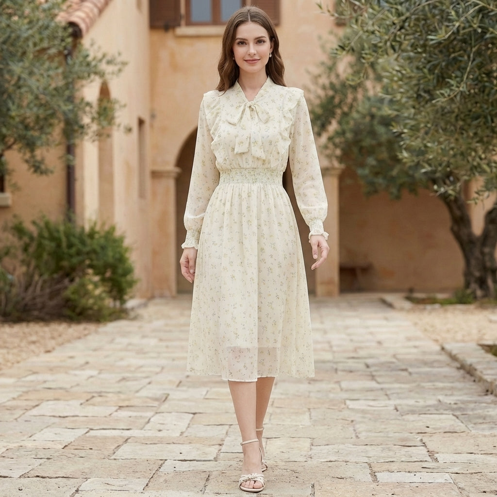 Flowing Chiffon Ruffled High-Neck Midi Dress with Smocked Waist