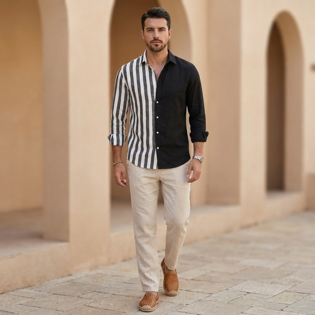Men’s Relaxed-Fit Button-Down Shirt with Asymmetrical Stripe Detail