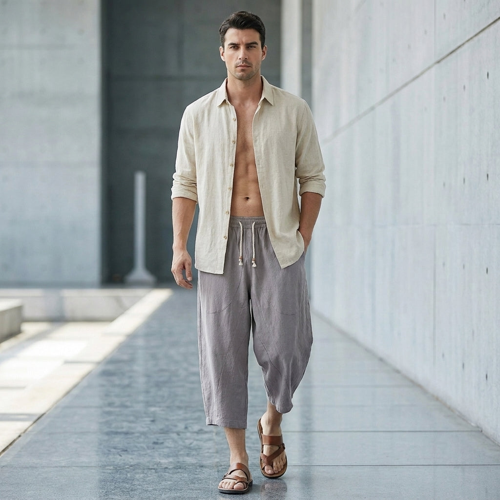 Men’s Relaxed Capri Pants with Drawstring Waist and Pockets