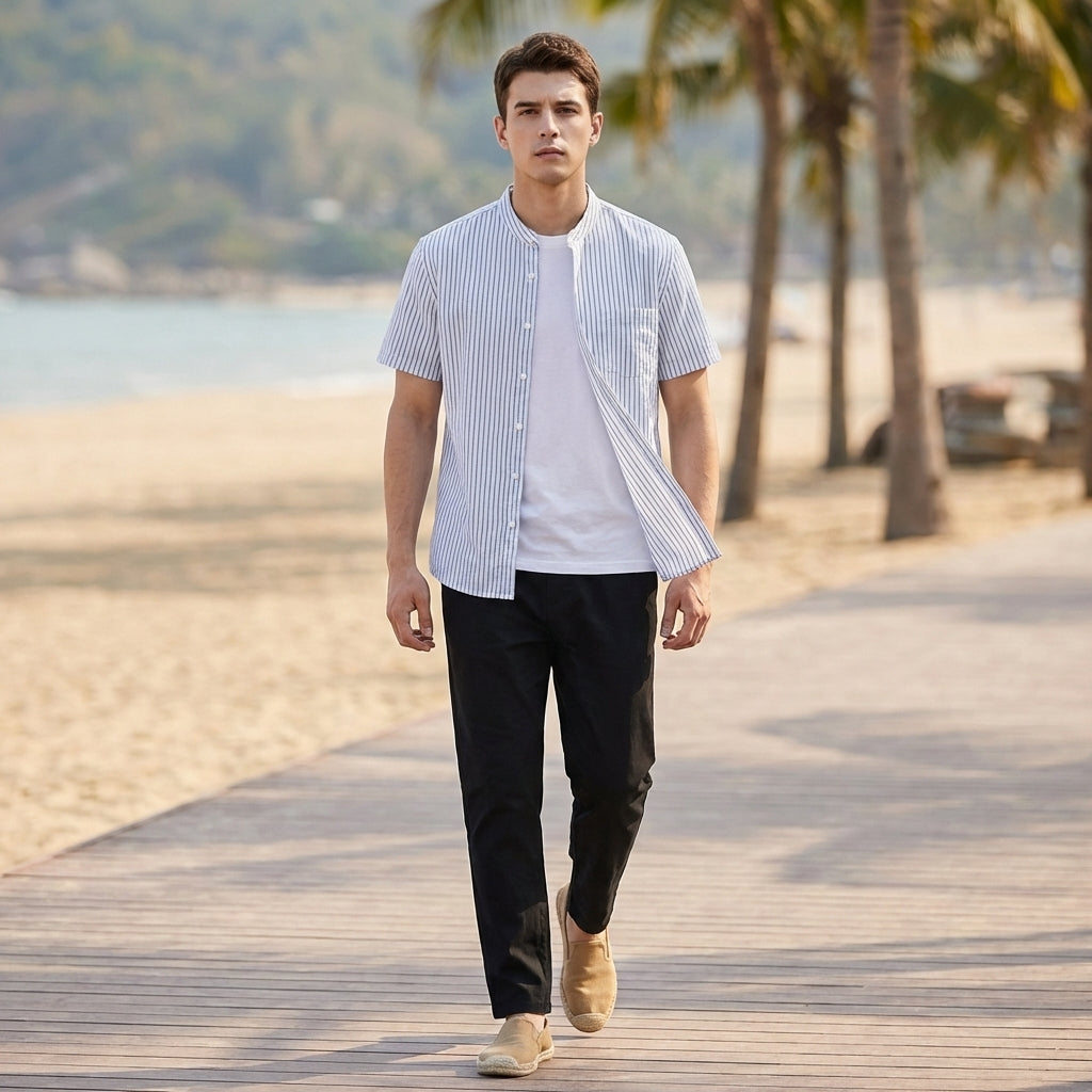 Relaxed Band Collar Shirt with Vertical Stripes and Cuffed Sleeves