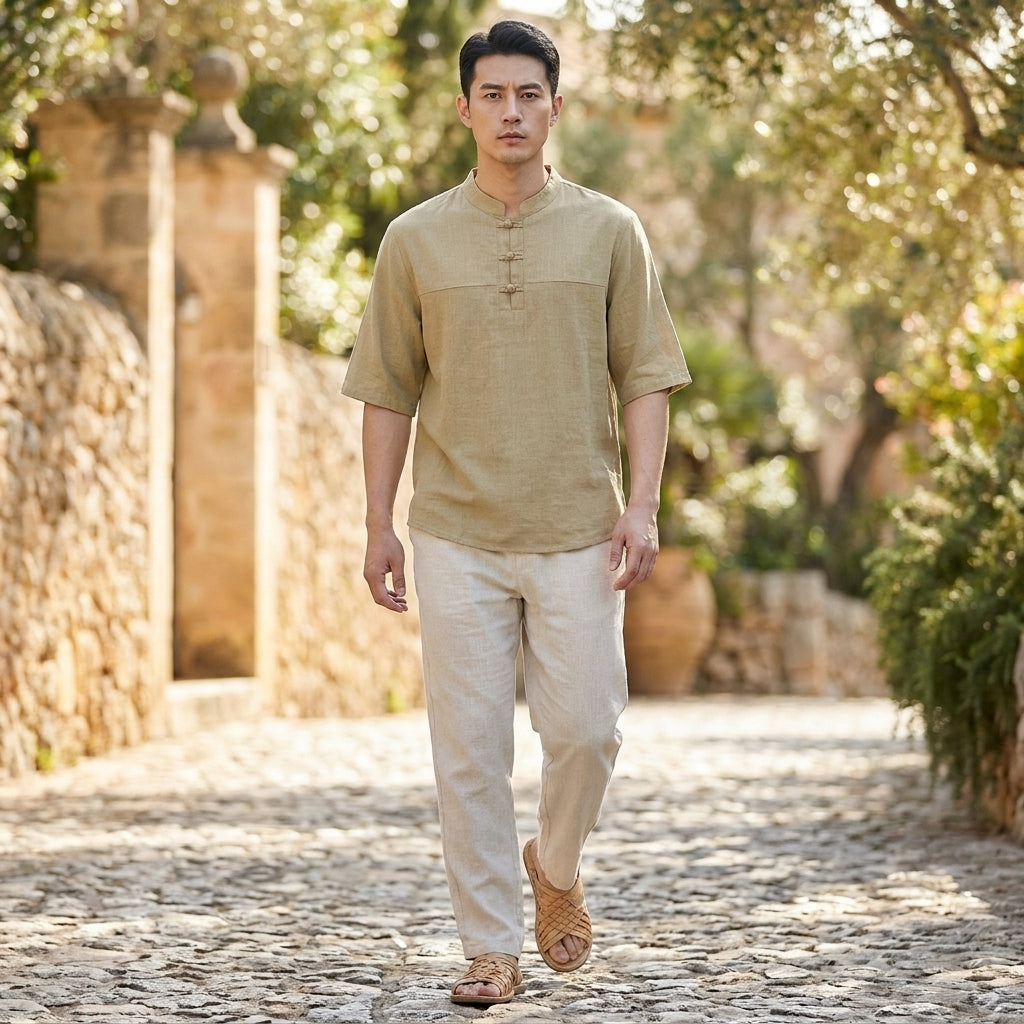 Relaxed Mandarin Collar Shirt with Frog-Button Detailing