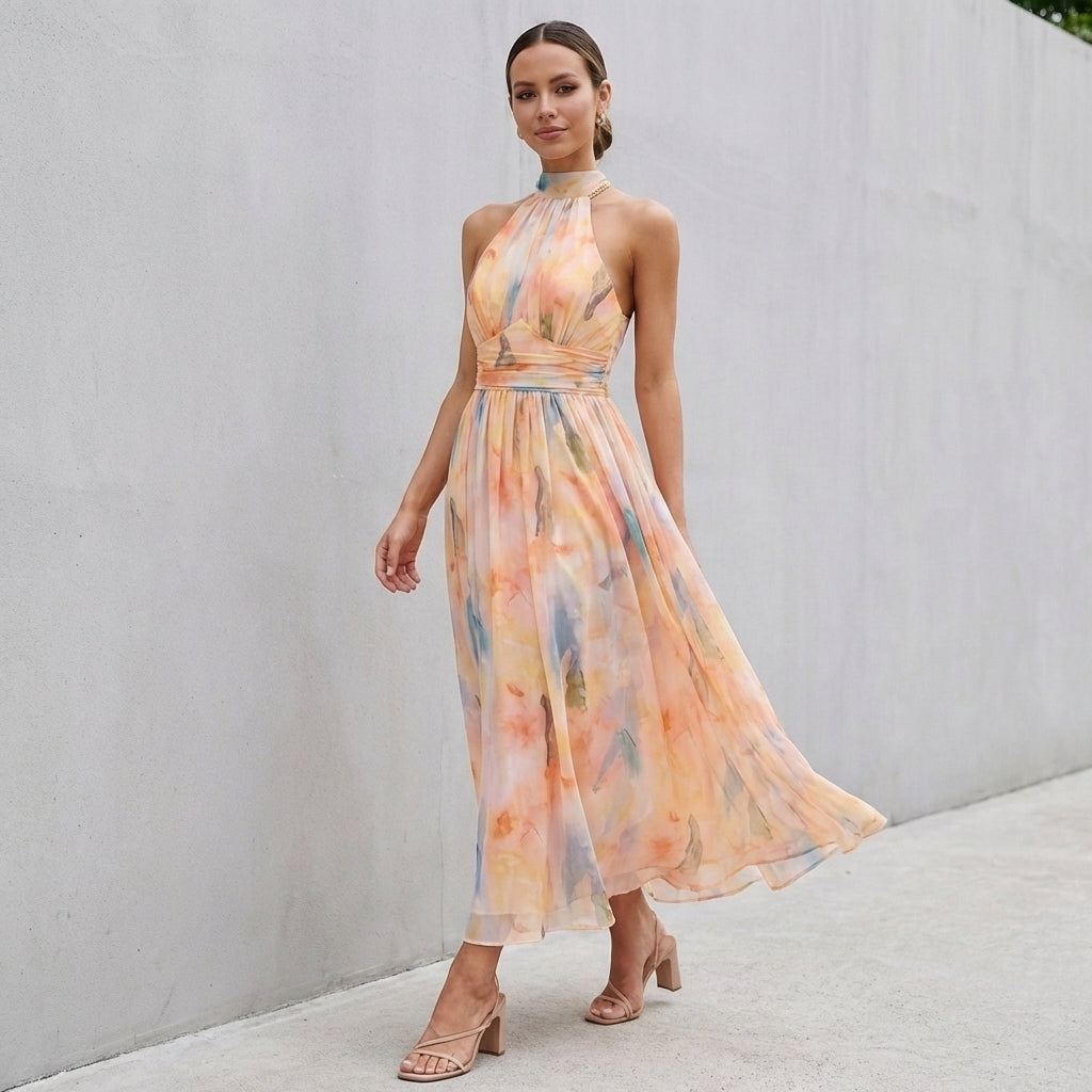 Chiffon Pleated A-Line Maxi Dress with Ruched Waist and Chain Detail