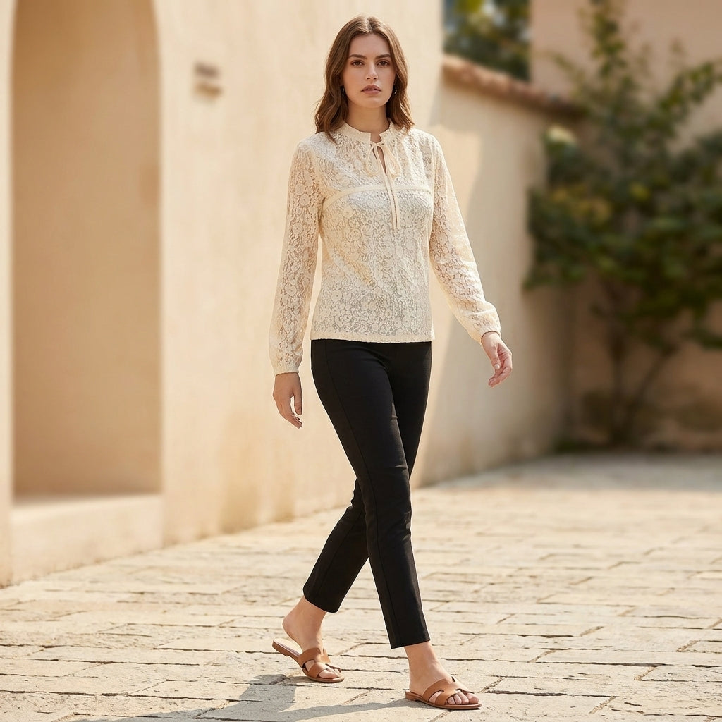 Fitted Sheer Lace Blouse with Ruffled Tie-Neck and Floral Detailing