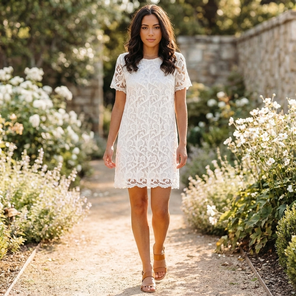 Relaxed Lace Overlay Straight Dress with Scalloped Trim