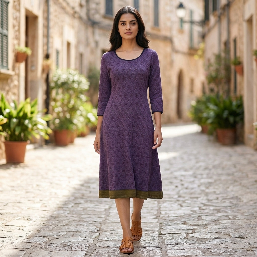 Flowing Geometric Knit A-Line Midi Dress with Contrast Hem Band