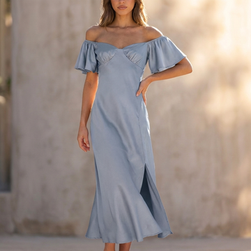 Off-the-Shoulder Midi Dress with Ruched Bodice and Side Slit