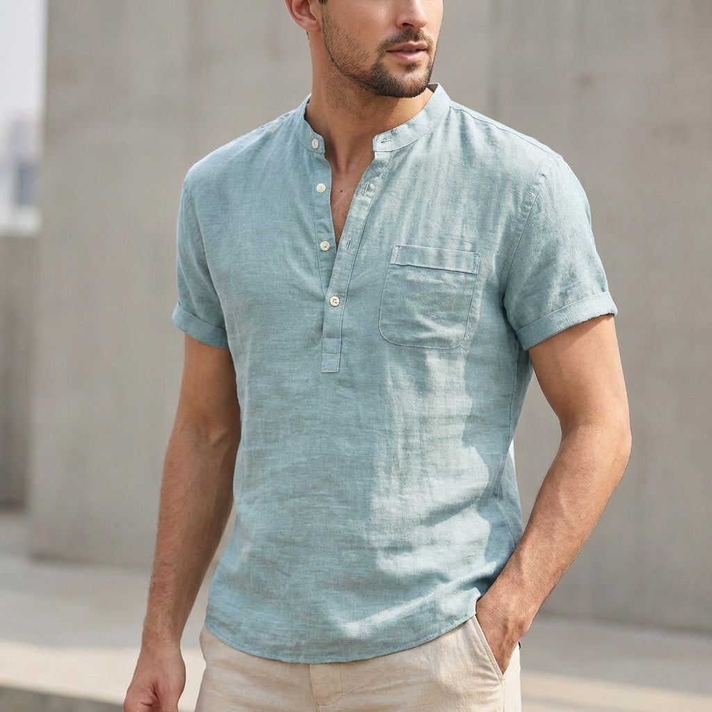 Men’s Relaxed Fit Henley with Stand Collar and Chest Pocket