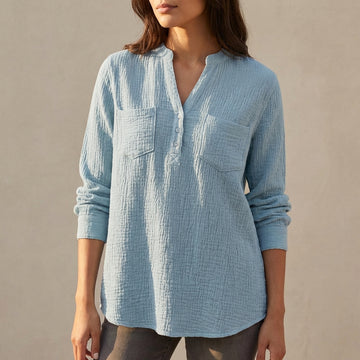 Relaxed Textured Button-Front Blouse with Chest Pockets