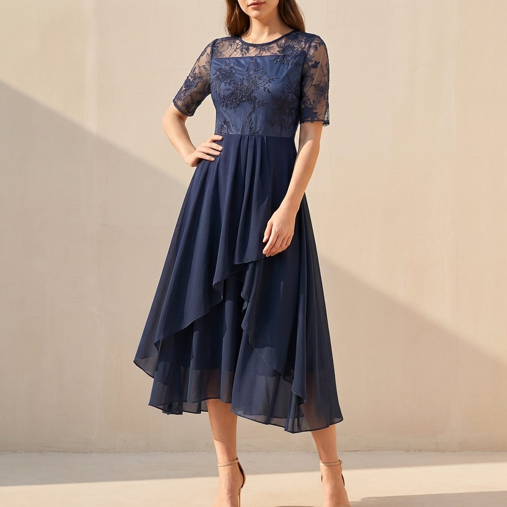 Elegant A-Line Midi Dress with Lace Bodice and Flowing Chiffon Skirt