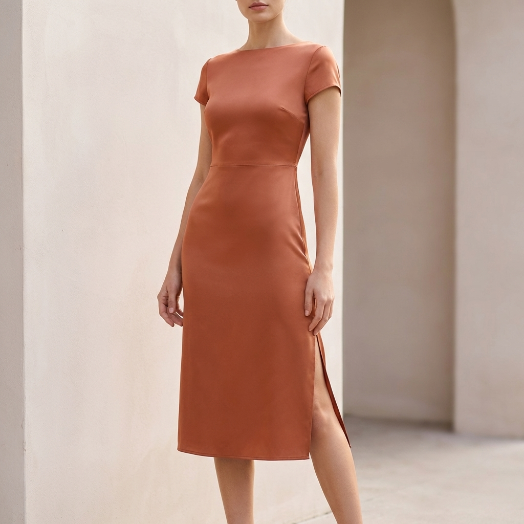 Flowing Slip Midi Dress with Draped Neckline and Side Slit