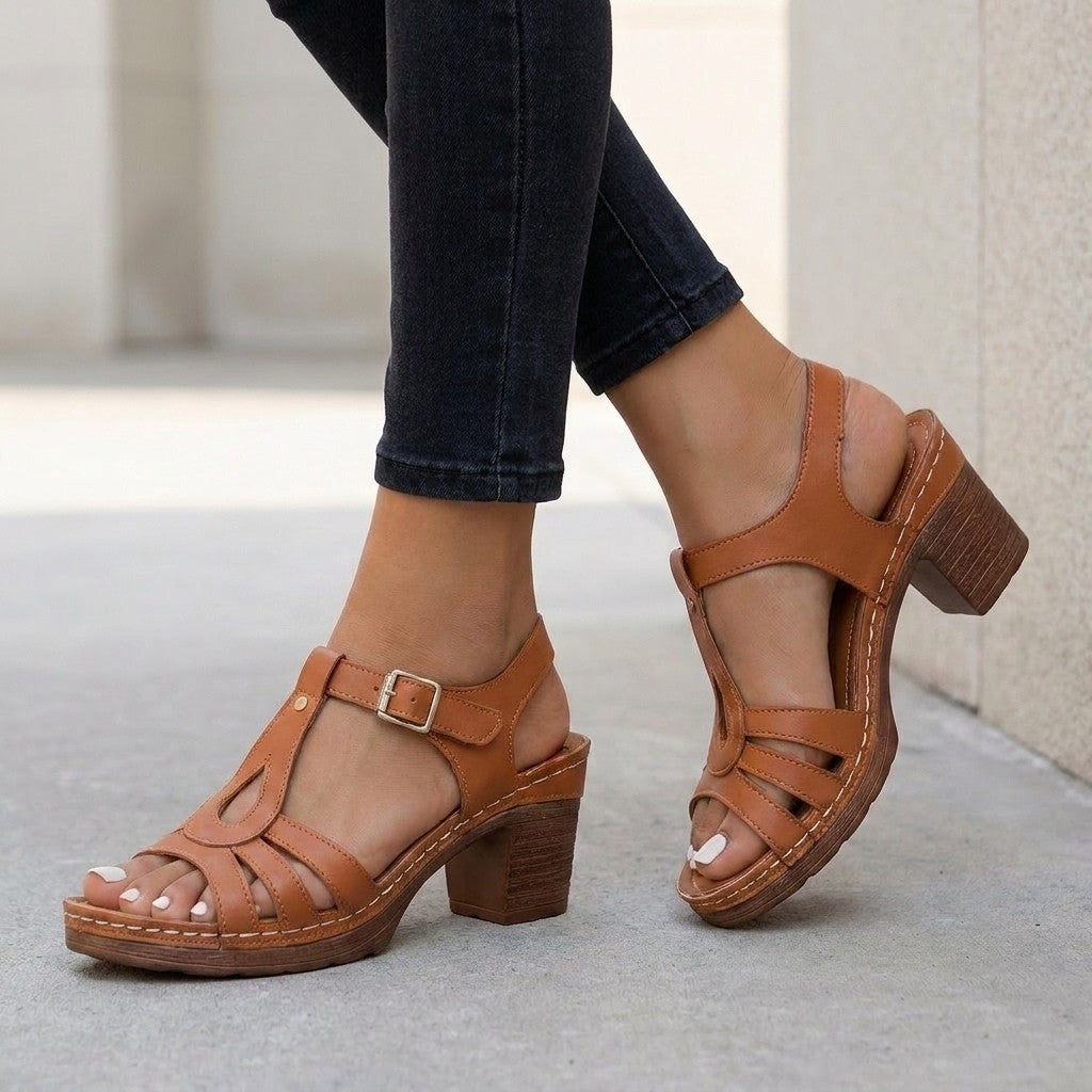 Adjustable T-Strap Block Heel Sandals with Cushioned Sole