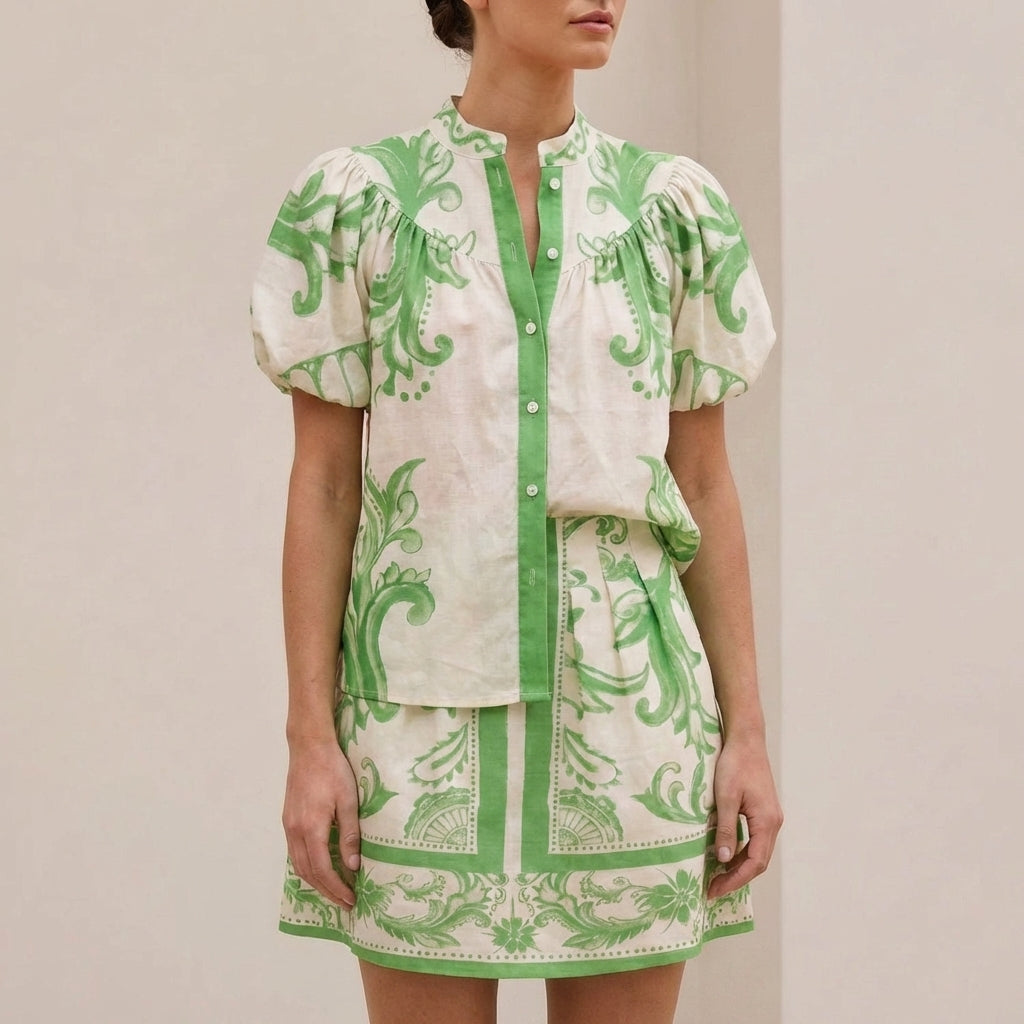 Relaxed Puff Sleeve Top and Ornate A-Line Mini Skirt Set