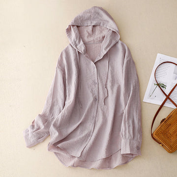 Hooded Button-Front Shirt with Rounded Hem and Drawstring Hood
