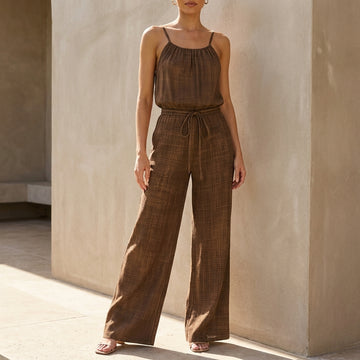Sophisticated Wide-Leg Jumpsuit with Gathered Neck and Drawstring Waist