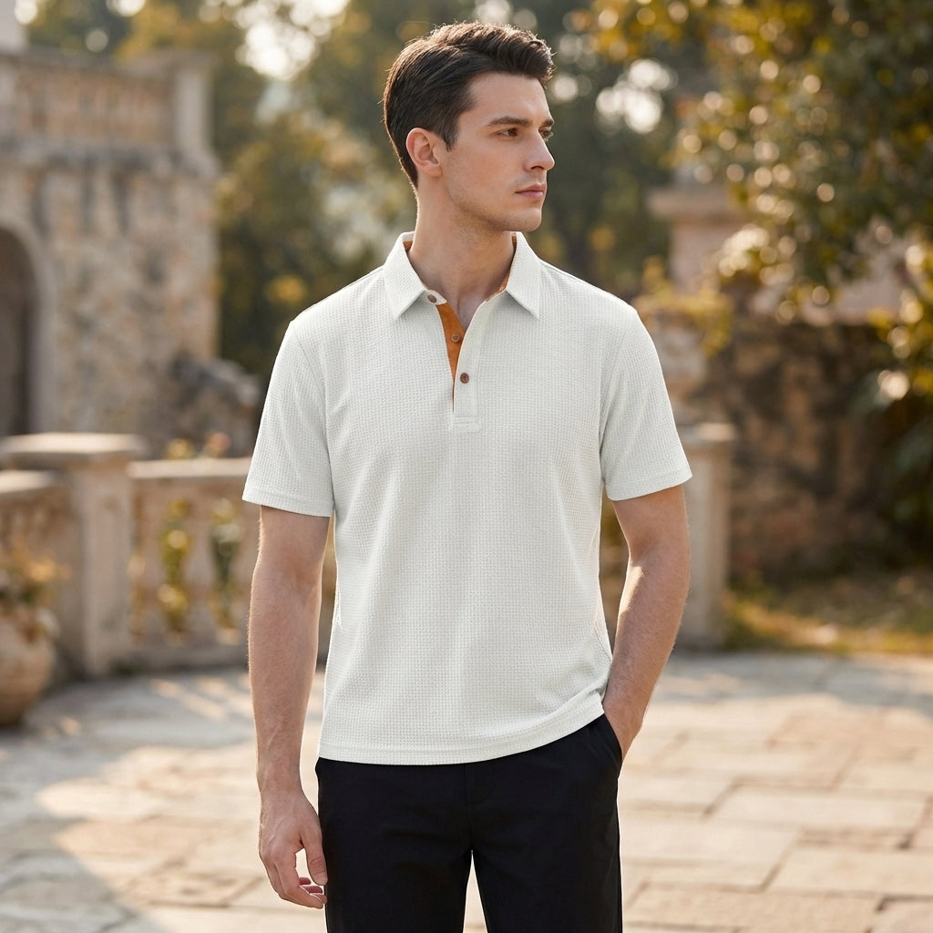 Tailored Knit Polo Shirt with Textured Geometric Pattern and Contrast Detail