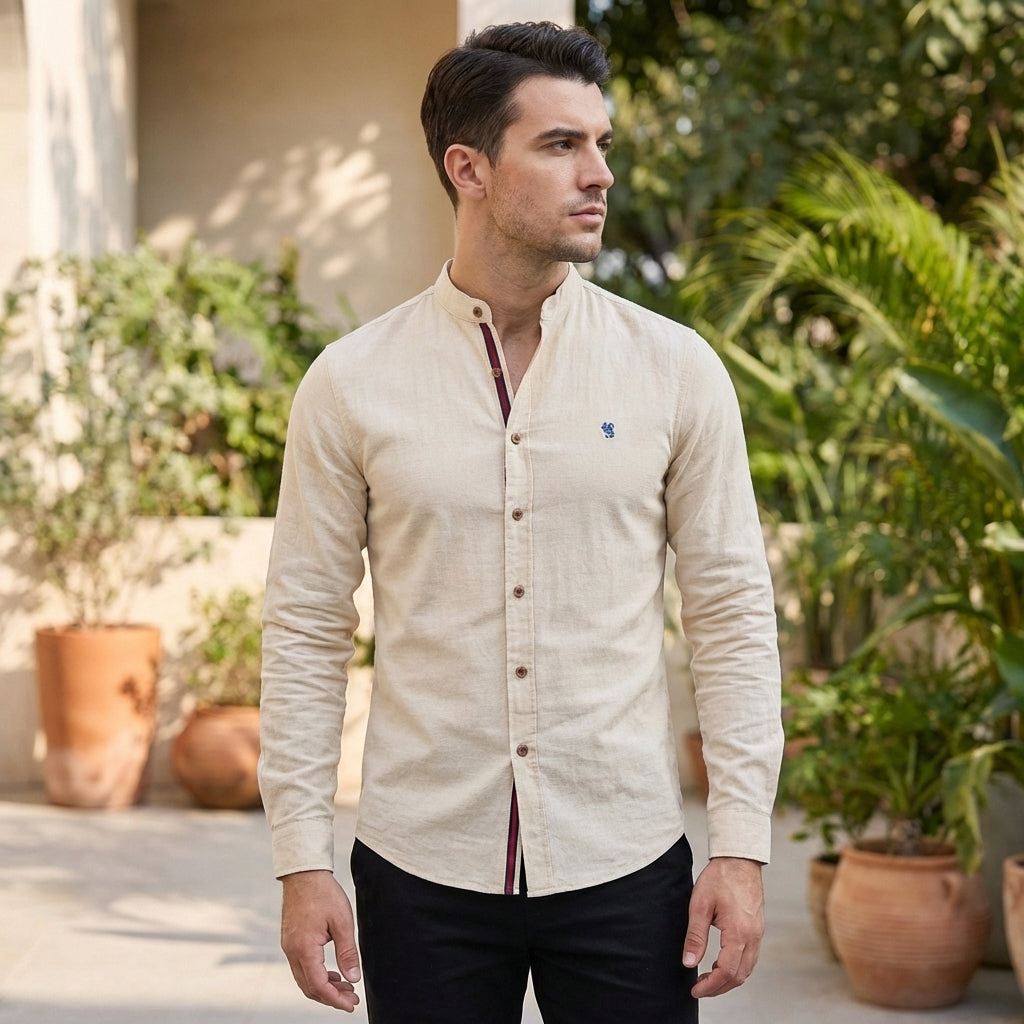 Tailored Mandarin Collar Long-Sleeve Shirt with Refined Contrast Trim