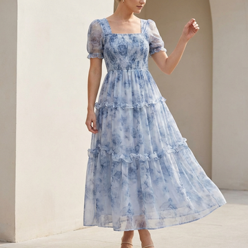 Romantic Smocked Chiffon Maxi Dress with Puff Sleeves and Ruffled Tiers