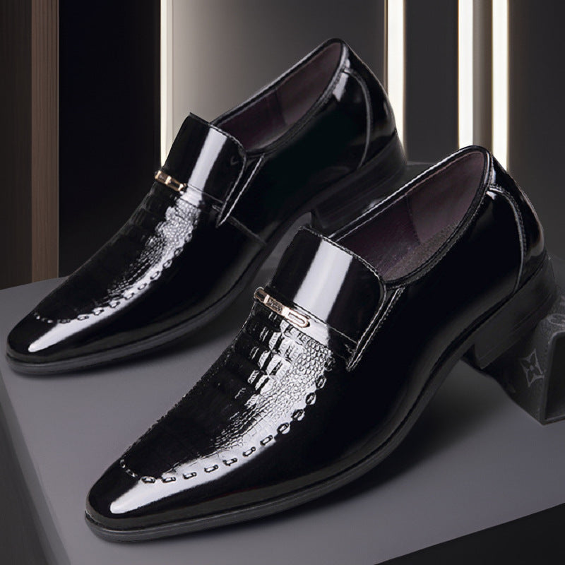 Men’s Slip-On Formal Shoes – Glossy Patent – Pointed Toe – Crocodile Embossed – Metal Accent