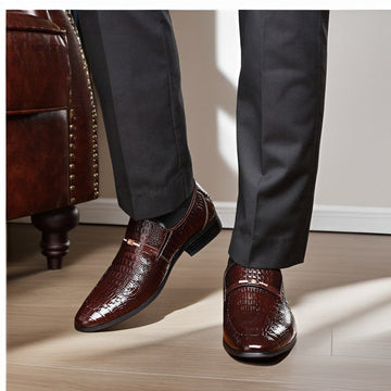 Men’s Slip-On Formal Shoes – Glossy Patent – Pointed Toe – Crocodile Embossed – Metal Accent