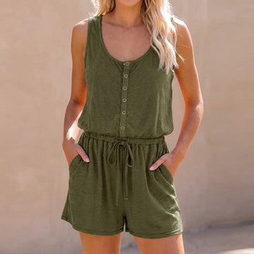 Ribbed Knit Sleeveless Romper with Adjustable Waist and Pockets