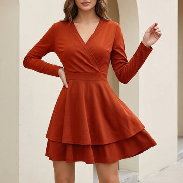 Fitted Knit Wrap Mini Dress with Tiered Ruffle Hem and V-Neckline