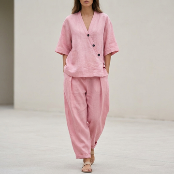Relaxed Wrap Top and High-Waist Wide-Leg Trousers Set