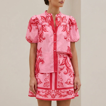 Relaxed Puff Sleeve Top and Ornate A-Line Mini Skirt Set