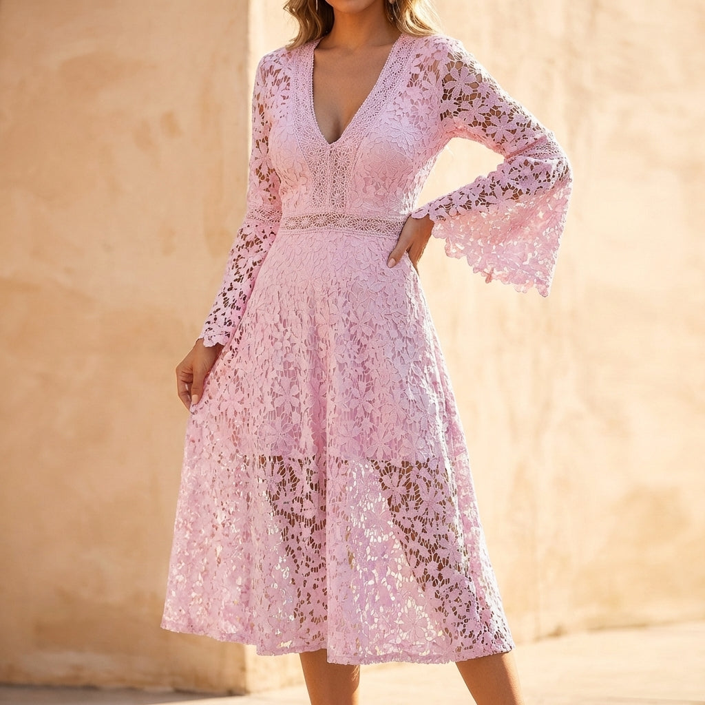 Bohemian-Inspired Lace Midi Dress with Scalloped Detailing and Sheer Accents