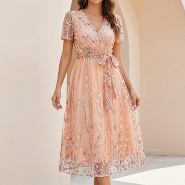 Embroidered Leaf Mesh Wrap Midi Dress with Sequin Embellishment