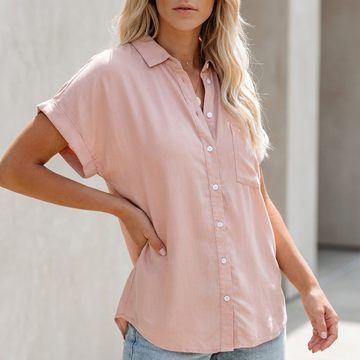 Relaxed Collared Button-Up Blouse with Cuffed Sleeves and Pocket