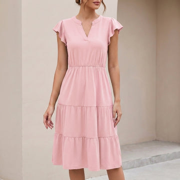 Flowing Tiered Knit Midi Dress with Notched V-Neck and Pockets