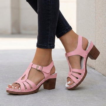Adjustable T-Strap Block Heel Sandals with Cushioned Sole