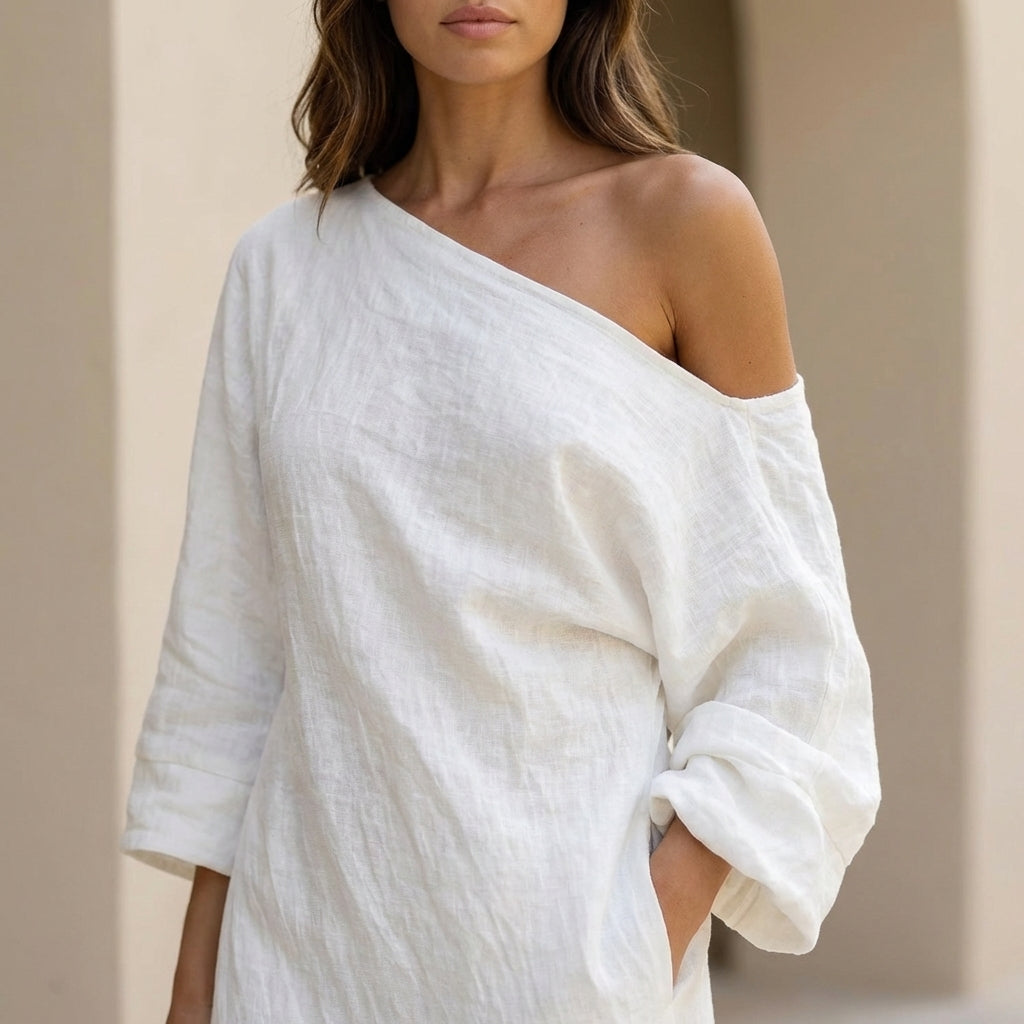 One-Shoulder Maxi Dress with Voluminous Sleeve and Asymmetrical Drape